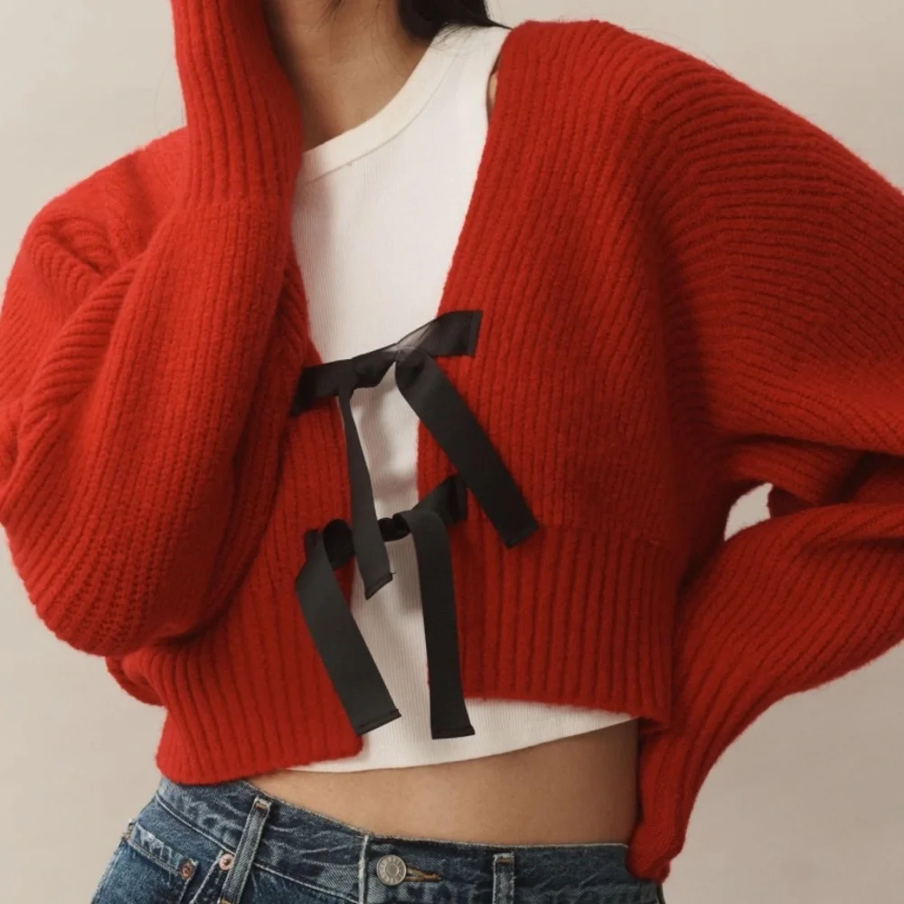 By Anthropologie Rhea Bow-Front Crop Cardigan Sweater New Red & Black Size XXS - Picture 1 of 7